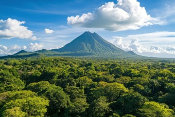 Wall Mural - Lush landscape of forested hills under mist with majestic volcano at sunrise in Indonesia