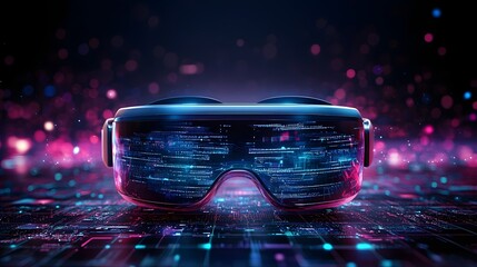 Poster - immersive virtual reality glasses submerged in a mesmerizing network of digital data streams surroun