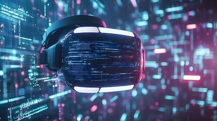 Poster - futuristic visualization of immersive virtual reality headset technology connected to a complex digi
