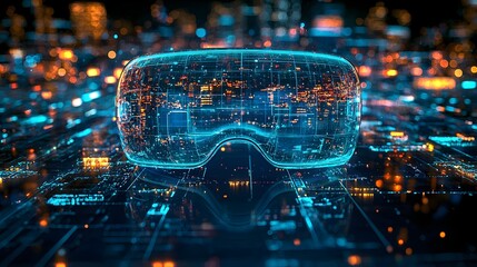 Poster - innovative virtual reality headset concept surrounded by immersive holographic 3d graphics and futur