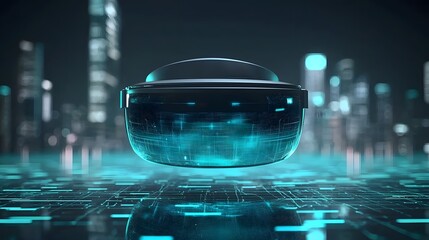 Poster - Innovative Futuristic VR Headset Concept Surrounded by Captivating Holographic Graphics in a Sleek Minimalist Environment