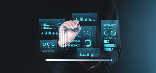 Poster - Digital data visualization with hand interacting with futuristic holographic charts and graphs on dark background.