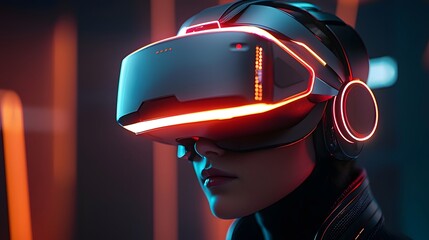 Poster - Close up view of a sleek and vibrant virtual reality headset featuring neon like technology effects futuristic design elements and a captivating digital aesthetic