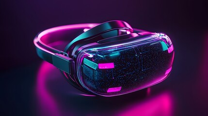 Poster - Close up view of a futuristic virtual reality headset featuring vibrant neon technology effects and a surreal dynamic atmosphere  The device showcases a modern innovative design with an immersive