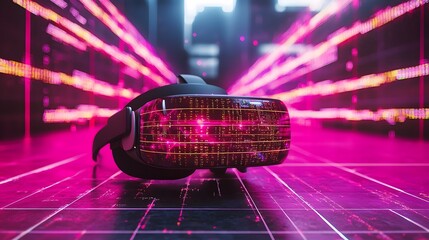 Fototapete - futuristic and immersive virtual reality environment with glowing data streams grids and abstract di