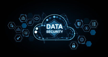 Fototapete - Data security cloud with icons and digital connections in blue. 3D Rendering