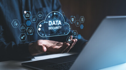 Poster - data security concept with digital cloud icons and a laptop.