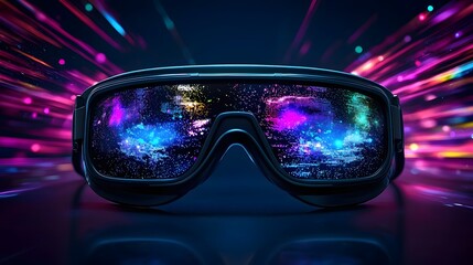 Poster - high tech virtual reality glasses surrounded by dazzling holographic displays vibrant neon colors an