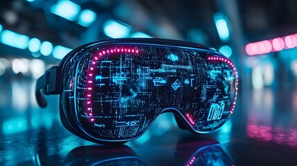 Poster - Innovative futuristic virtual reality glasses featuring a captivating digital interface with 3D elements and striking neon lights