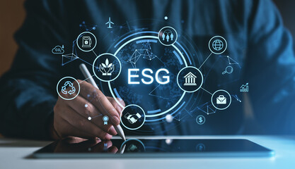 Poster - Digital ESG concept with icons representing sustainability, governance, and social responsibility on a futuristic interface.