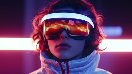 Poster - person wearing virtual reality headset with glowing digital effects and augmented reality elements i