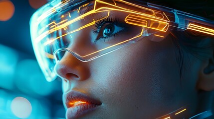 Poster - Close up of a person s face wearing virtual reality glasses fully immersed in a digital world with glowing lines and futuristic technology  The image represents the intersection of technology