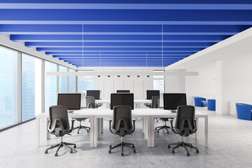 Poster - Modern open-plan office interior with blue ceiling beams and workstations. 3D Rendering
