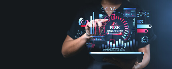 Poster - Digital risk management concept with interactive graphs and charts on a tablet.