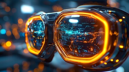 Poster - Close up view of advanced futuristic virtual reality glasses featuring holographic layers neon lighting accents and a sleek high tech design for an immersive digital experience