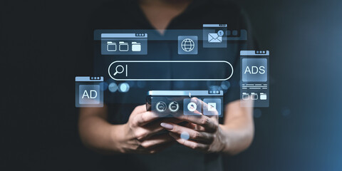 Poster - Digital search interface on smartphone with floating icons and ads concept.