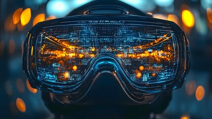 Poster - Close up view of a futuristic virtual reality headset with dynamic holographic elements showcasing advanced digital technology sci fi interface and an immersive luminous display