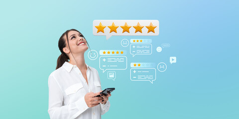Poster - Woman smiling while holding smartphone with five-star rating ico