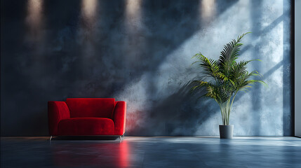 Poster - A modern interior featuring a vibrant red sofa beside a lush green plant, set against a textured dark wall illuminated by soft lighting