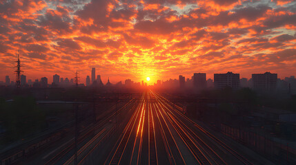 Poster - A stunning sunset illuminates the sky with vibrant hues, casting a golden glow over railway tracks and silhouetted city skyline