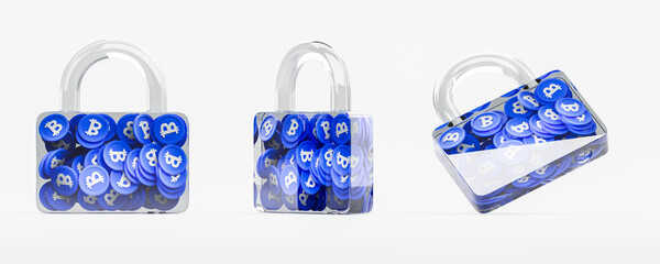 Poster - Transparent locks filled with blue Bitcoin coins on white background. 3D Rendering