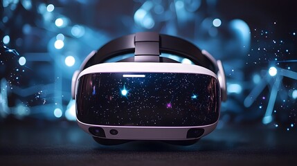 Poster - Close up view of a virtual reality headset surrounded by digital elements projections and futuristic technology creating an immersive and innovative technological experience
