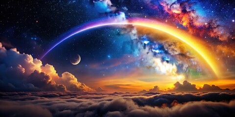 Wall Mural - Celestial Sunset A Dreamlike Panorama of Clouds, Stars, and a Vibrant Arc of Light Across the Night Sky
