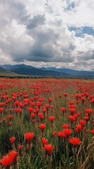 Poster - Vibrant red wildflowers bloom in a serene mountain landscape under cloudy skies