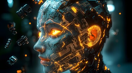 Poster - Glowing Robotic Head with Floating Mechanical Parts   Futuristic AI Powered Cyborg Portrait Concept  Digital of an Innovative Intriguing and Imaginative Futuristic Design