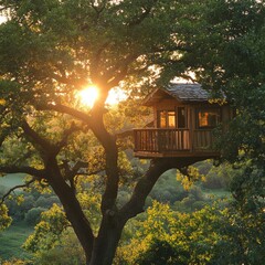 Fototapete - A treehouse perched in a tall oak tree, with the sun filtering through the leaves 