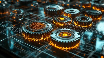 Poster - Glowing mechanical gears and cogs powered by advanced intelligence systems in a dynamic holographic engineering space  The image represents the intersection of technology innovation