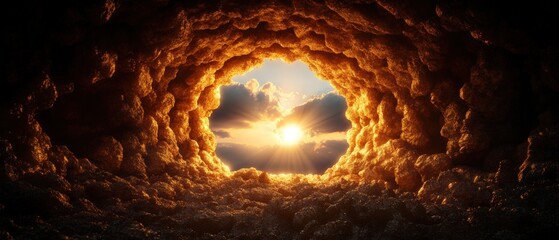 Poster - Dark cave with bright sunlight illuminating gold mine tunnel underground area details