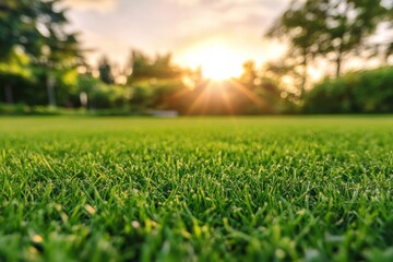 Wall Mural - Sunset glow over a lush green lawn in a serene park