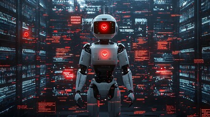 Poster - Robotic figure engulfed in a futuristic digital environment filled with red alert signals fragmented data and a complex technological interface  This image explores the concept of intelligence