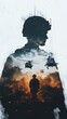 © Prapanista - double exposure concept Powerful silhouette of a soldier amidst chaos and conflict, symbolizing bravery and sacrifice.