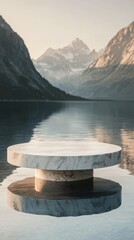 Poster - Marble table quietly resting in a serene pond surrounded by autumn foliage