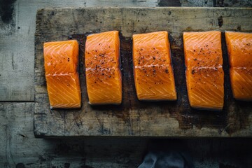 Wall Mural - Fresh salmon fillets prepared for cooking on a wooden cutting board in a kitchen setting