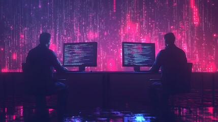 Poster - Cybercriminals secretly exchanging stolen digital data in a neon lit darkened environment representing the underground world of cybercrime and data theft