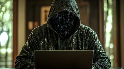 Poster - Close up of a mysterious hooded figure hunched over a laptop the screen obscured by a veil of eerie digital glitches and distortions creating a moody suspenseful atmosphere of secrecy and intrigue