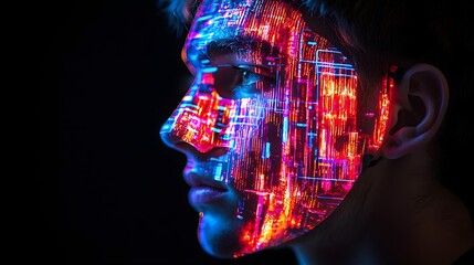 Poster - Futuristic digital mask obscures the profile view of a hacker s face revealing only a glitch like neon lit aesthetic  This surreal abstract digital art piece explores themes of identity security