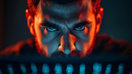Poster - Close up portrait of a hacker s intense focused expression illuminated by the ominous glow of computer monitors in a dark mysterious setting  Conveying a sense of digital surveillance cybercrime