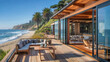 © Sehraye - Tropical sea beach with wooden terrace with table and couch. Vector cartoon illustration of house patio with glass walls, sofa, chair and view to ocean landscape with sand coast and palm trees