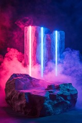 Poster - Neon lights illuminate rock podium in smoky studio