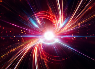 Leinwandbilder - Abstract image with a bright central light source radiating streaks of red, gold, and blue against a dark background.  Dynamic and energetic, it evokes a sense of speed and movement.