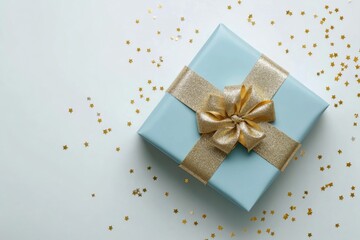 Wall Mural - Gift wrapped in light blue paper with golden bow and stars scattered on white background