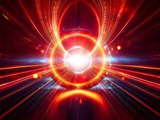 Aufkleber - Glowing orange and blue ring, futuristic, abstract, energy, light, dark background, bokeh effect, reflective surface, 3D render, technological.