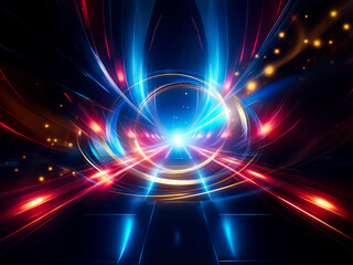 Poster - Vivid abstract lights create a tunnel towards a bright source, with dynamic motion and glowing effects in blue, red and orange colors.