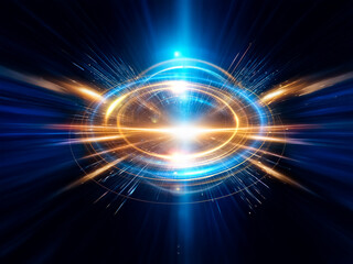 Poster - Bright light bursts outward, radiating blue and gold beams from the central point, creating a dynamic and energetic glow.