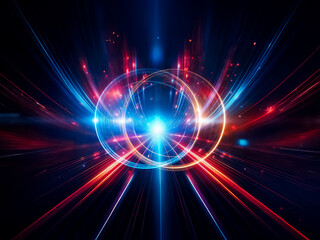 Poster - Intertwined luminous rings, blue and gold, glow against a black background.  A bright light streak connects them, creating a sense of energy and connection.