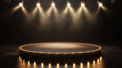 Round podium or stage in rays of spotlights, realistic vector illustration. Pedestal for winner or award ceremony, empty platform for presentation, performance or show at night club, soon coming